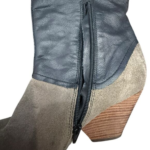 OTBT Mid Calf Mixed Media Boots Taupe Suede Black Leather Block Heel Stacked Hee - Picture 5 of 8